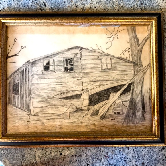 Other - “Old Shack” pencil drawing Framed under glass -signed LAP